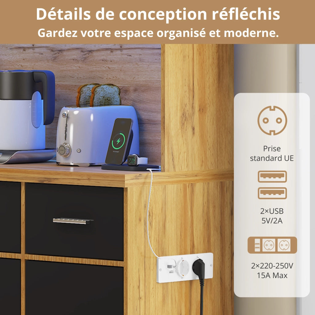 Buffet cucina 100x40x180 cm con LED; prese USB; cassetti e ripiani regolabili; naturale e nero
