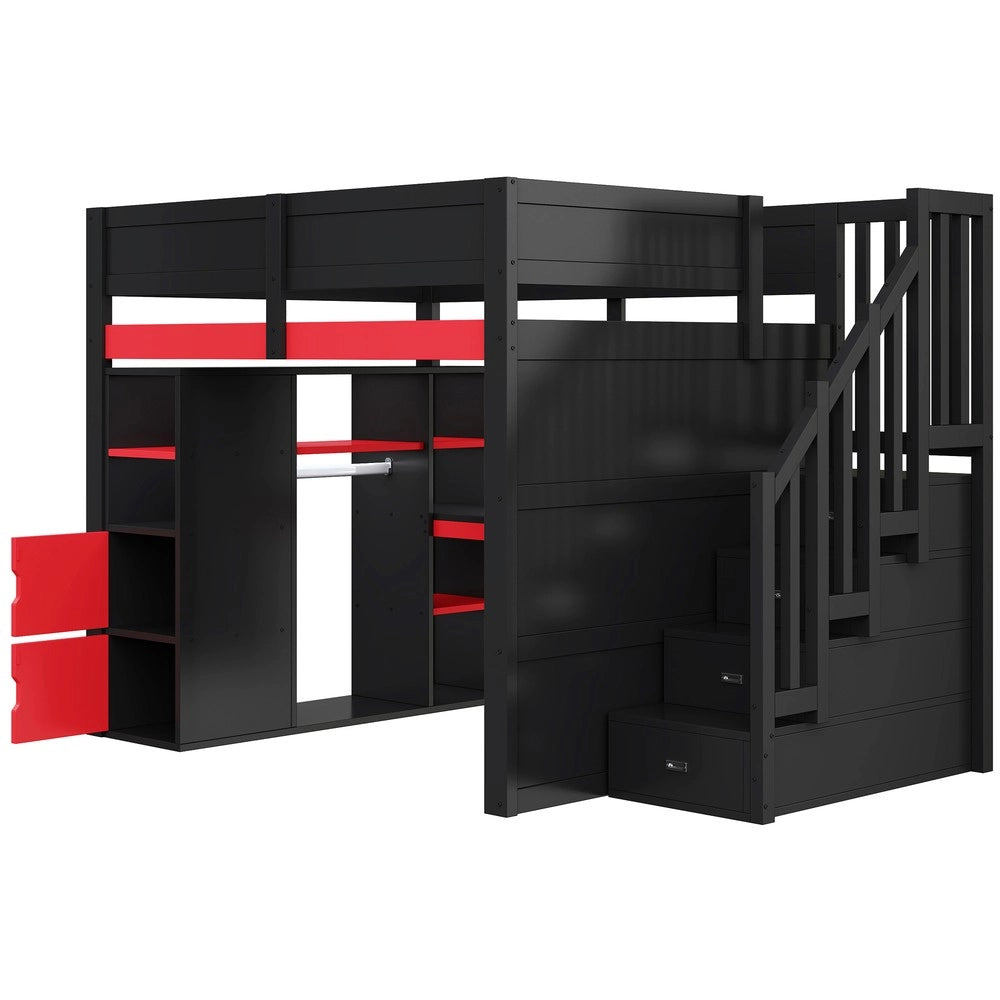 Letto a Soppalco Gaming in Legno con Scrivania, LED, USB e Cassetti ¨C MINIMAL ¨C 140x200, Nero/Rosso