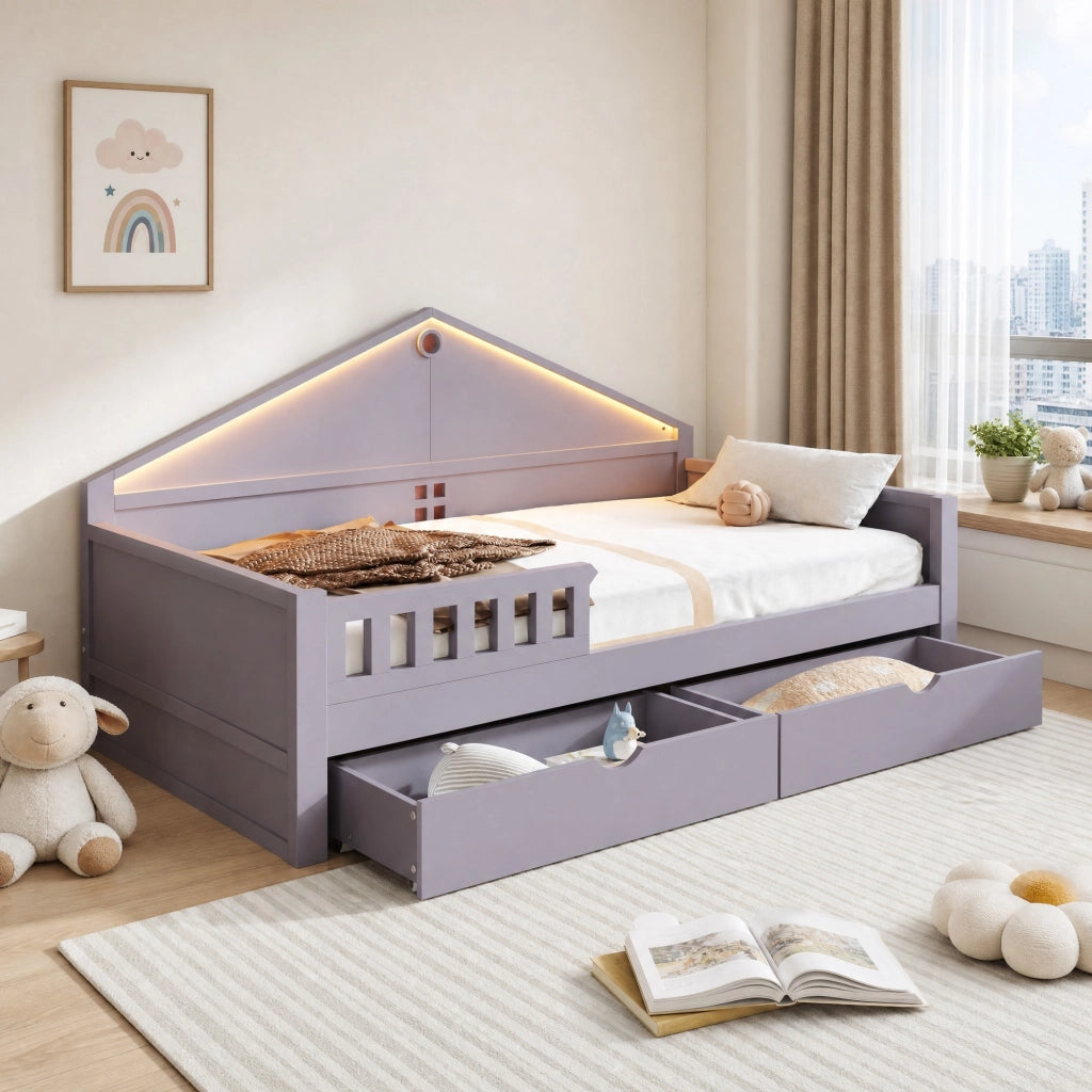 Letto singolo multifunzione 90x200 cm con LED e cassetti grigio