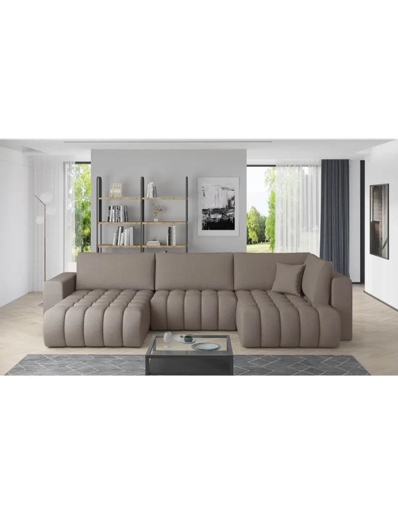 Divano ad angolo BONITA convertibile 6 posti beige scuro tessuto – sinistra – 350x175cm