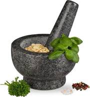 Vijzel e stampino in granito lucidato - utensile per la cucina in materiali ecologici per spezie e erbe - diametro 13 cm - volume 250 ml - colore grigio