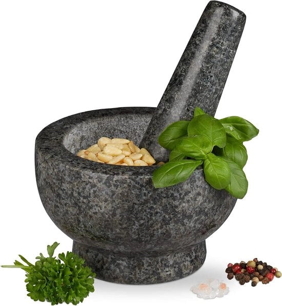 Vijzel e stampino in granito lucidato - utensile per la cucina in materiali ecologici per spezie e erbe - diametro 13 cm - volume 250 ml - colore grigio