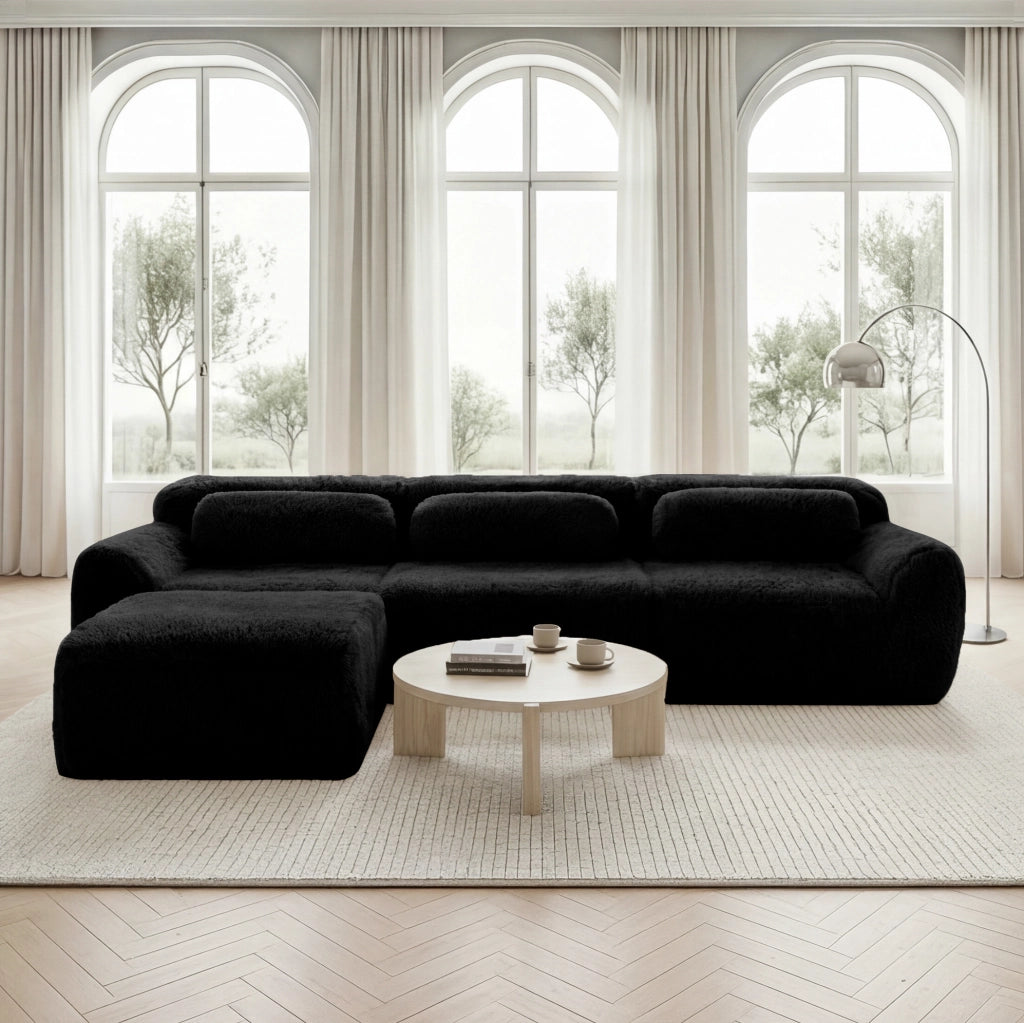 Divano modulare angolare a L 291x179x73 cm in tessuto peluche nero; senza montaggio