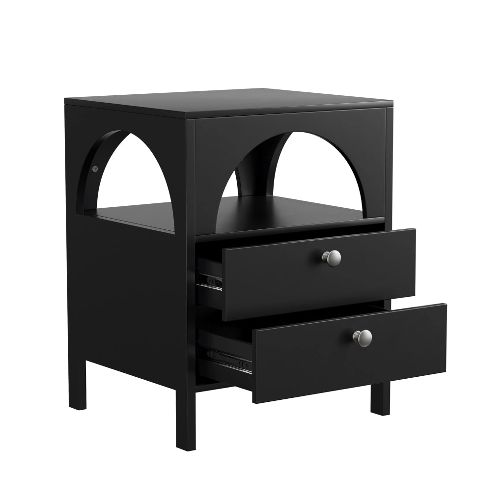 Comodino moderno nero con 2 cassetti e 1 vano a giorno, struttura in MDF, 45 x 40 x 58 cm