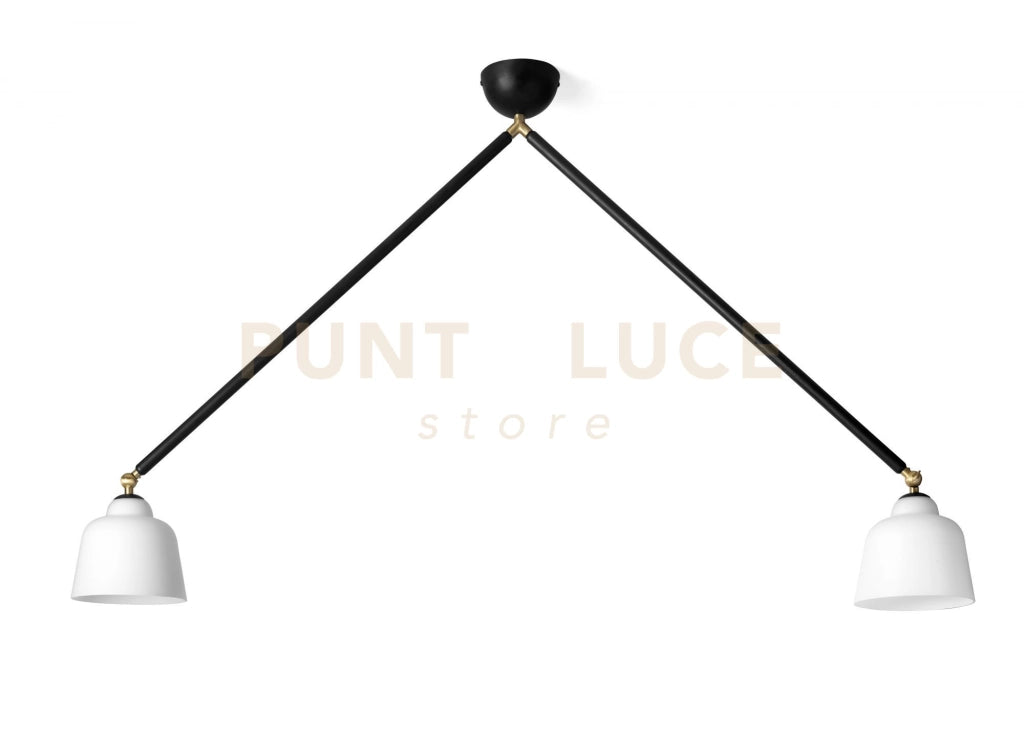 NEORETRO SOSPENSIONE GRANDE 2 LUCI SNODABILE STRUTTURA NERA DIFFUSORE VETRO BIANCO ATTACCO E27