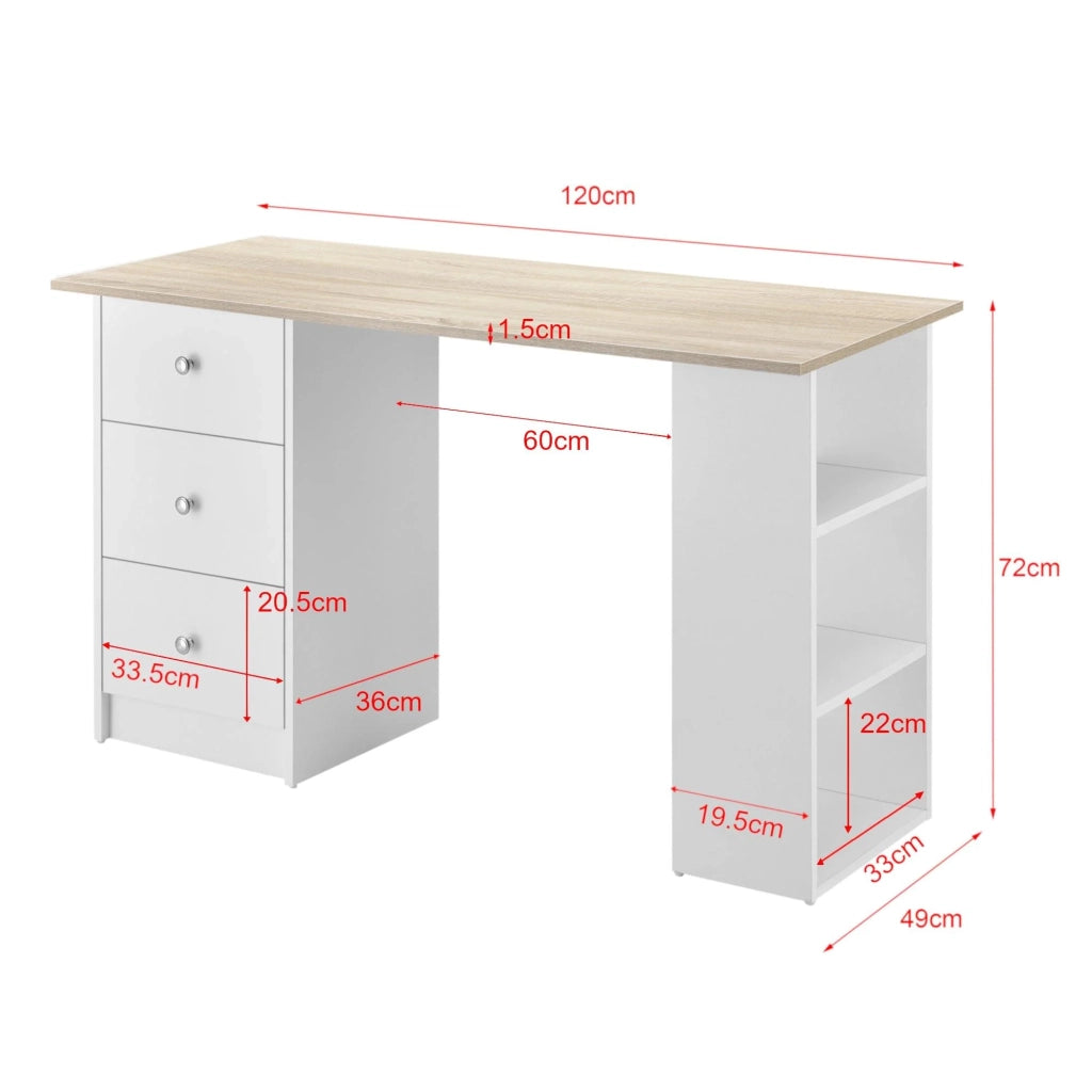 Scrivania/postazione di lavoro per computer con 3 cassetti 120 cm bianco e legno 03_0004709