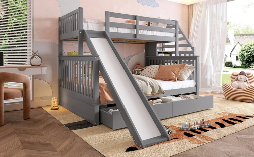 DESMIU Letto a castello 90 × 200 e 140 × 200 cm 2 posti con cassetti, scivolo e scala, senza materasso, grigio