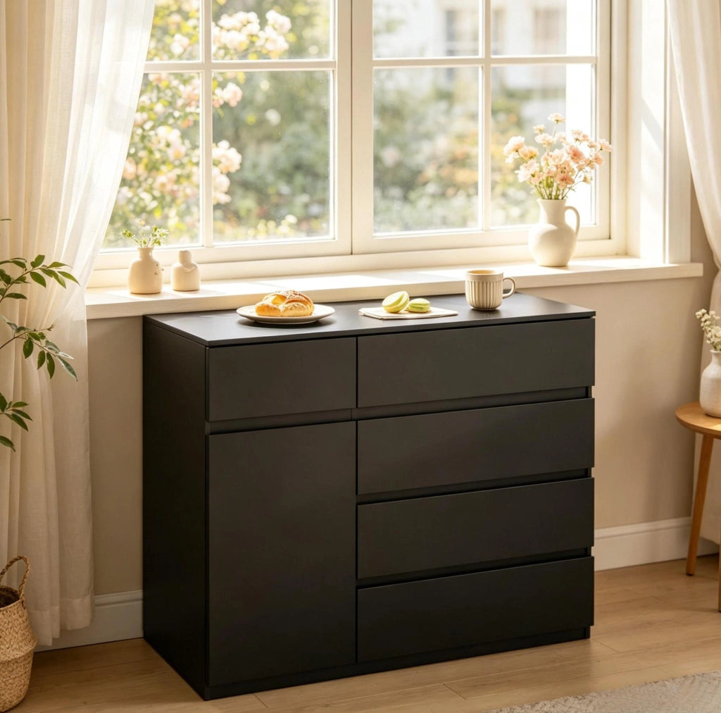 Mobile contenitore con 5 cassetti e armadietto regolabile; 100x40x80 cm; nero