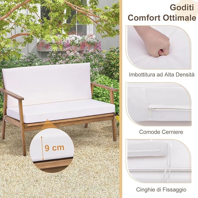 Set di Conversazione da Esterno in 4 Pezzi, Set da Divano in Legno di Acacia con Cuscini Morbidi per Sedile e Schienale, Tavolino da Caffè Rettangolare, per Patio Giardino Piscina (Bianco)