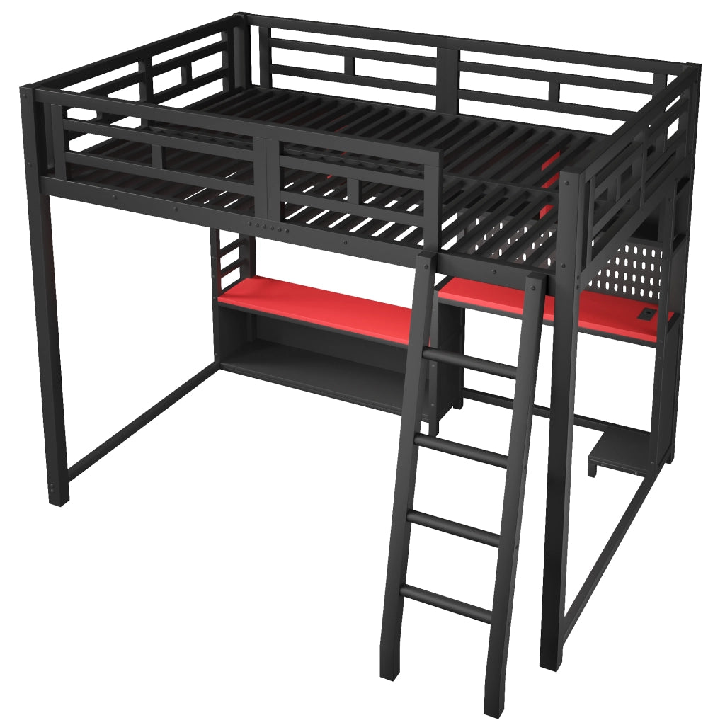 Letto a soppalco 140 × 200 cm con scrivania LED e ripiani in MDF e metallo nero design gaming