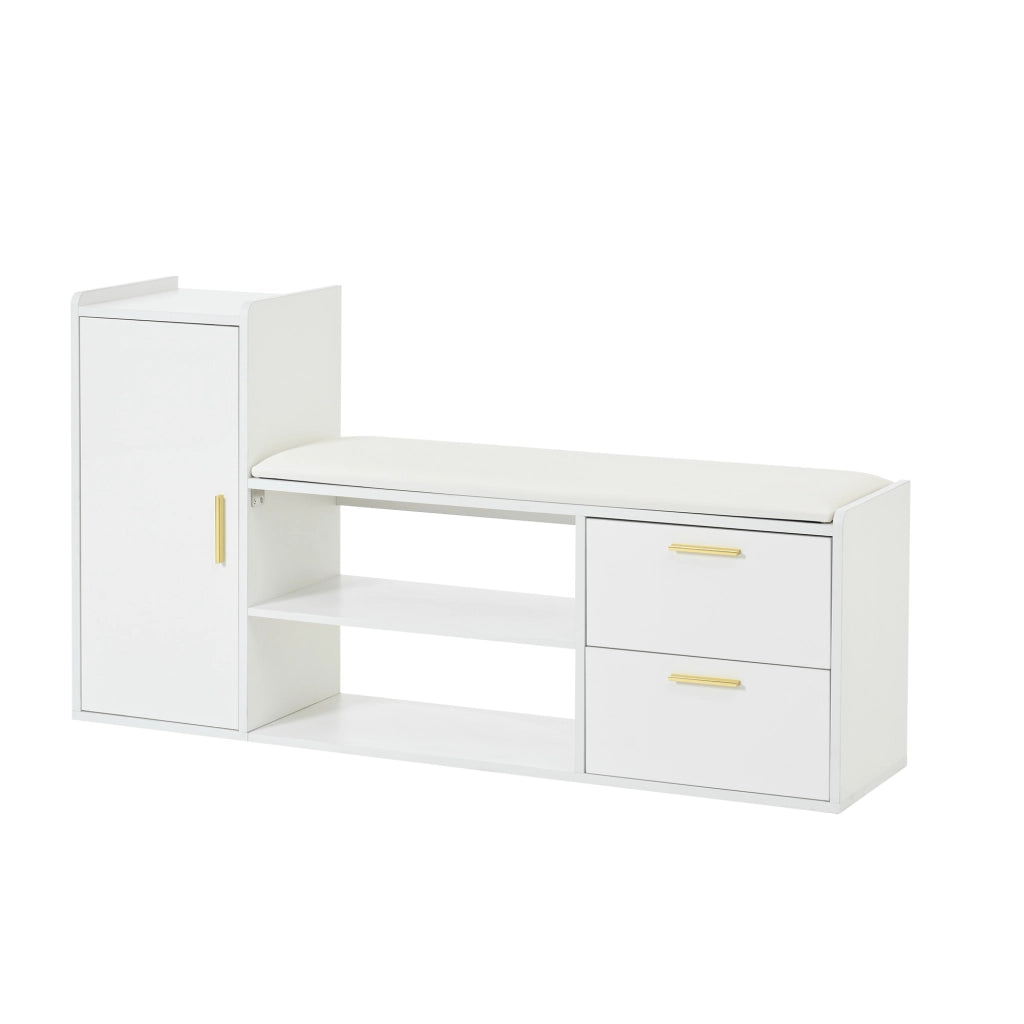 Scarpiera con 2 cassetti e 1 anta, seduta imbottita e ripiani aperti, per ingresso, bianco 128 × 30 × 68 cm