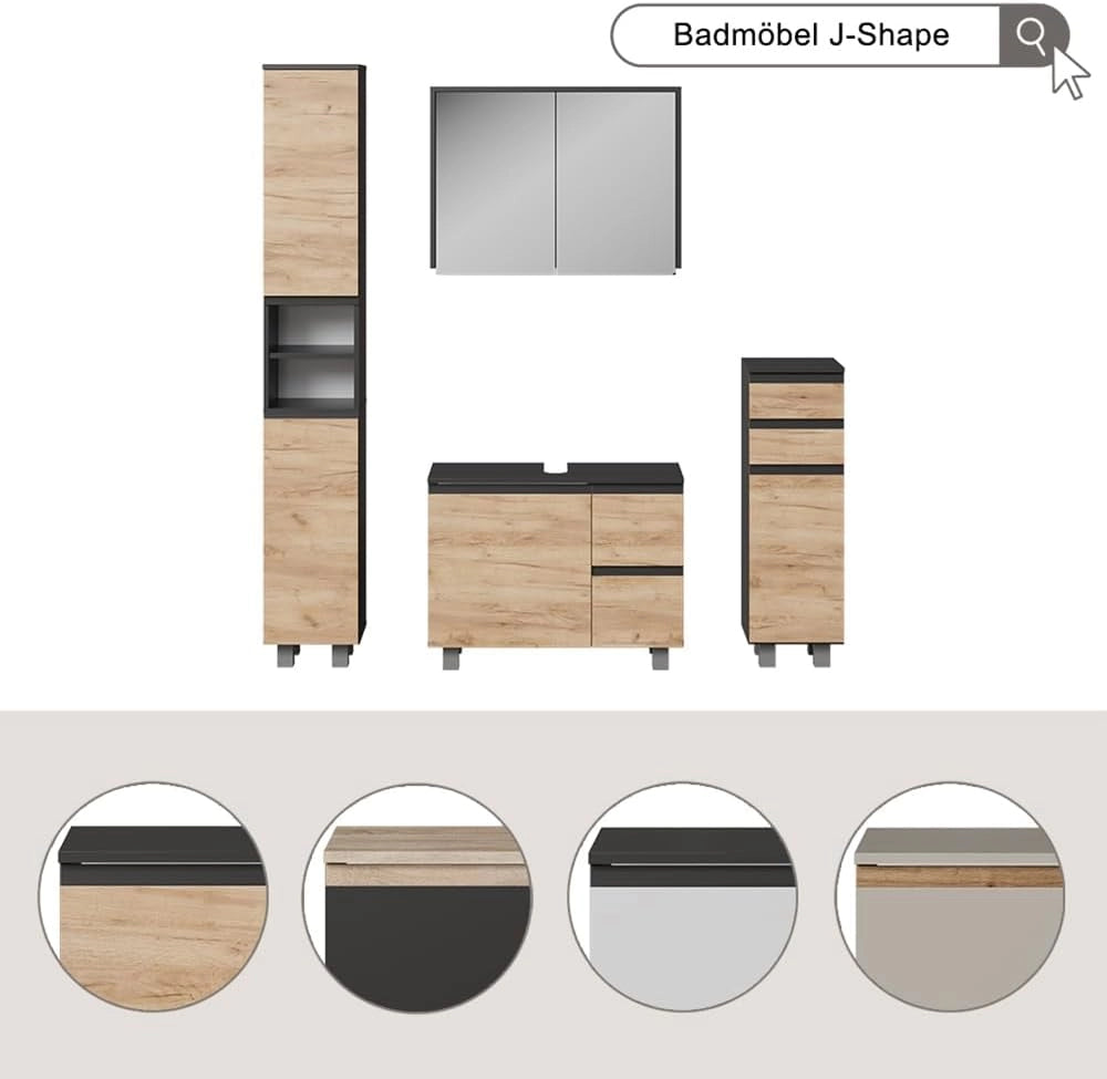 Mobile sottolavabo per bagno J-Shape, Cashmere/Artigianale, 80 x 60.8 cm con 2 cassetti, per la conservazione di articoli da bagno e prodotti per l'igiene