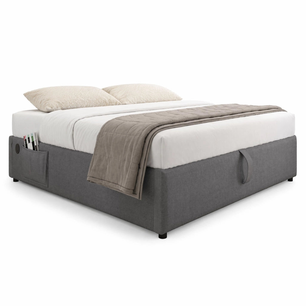 Letto matrimoniale contenitore 140x200 cm in tessuto cotone e lino grigio; con USB e Type-C