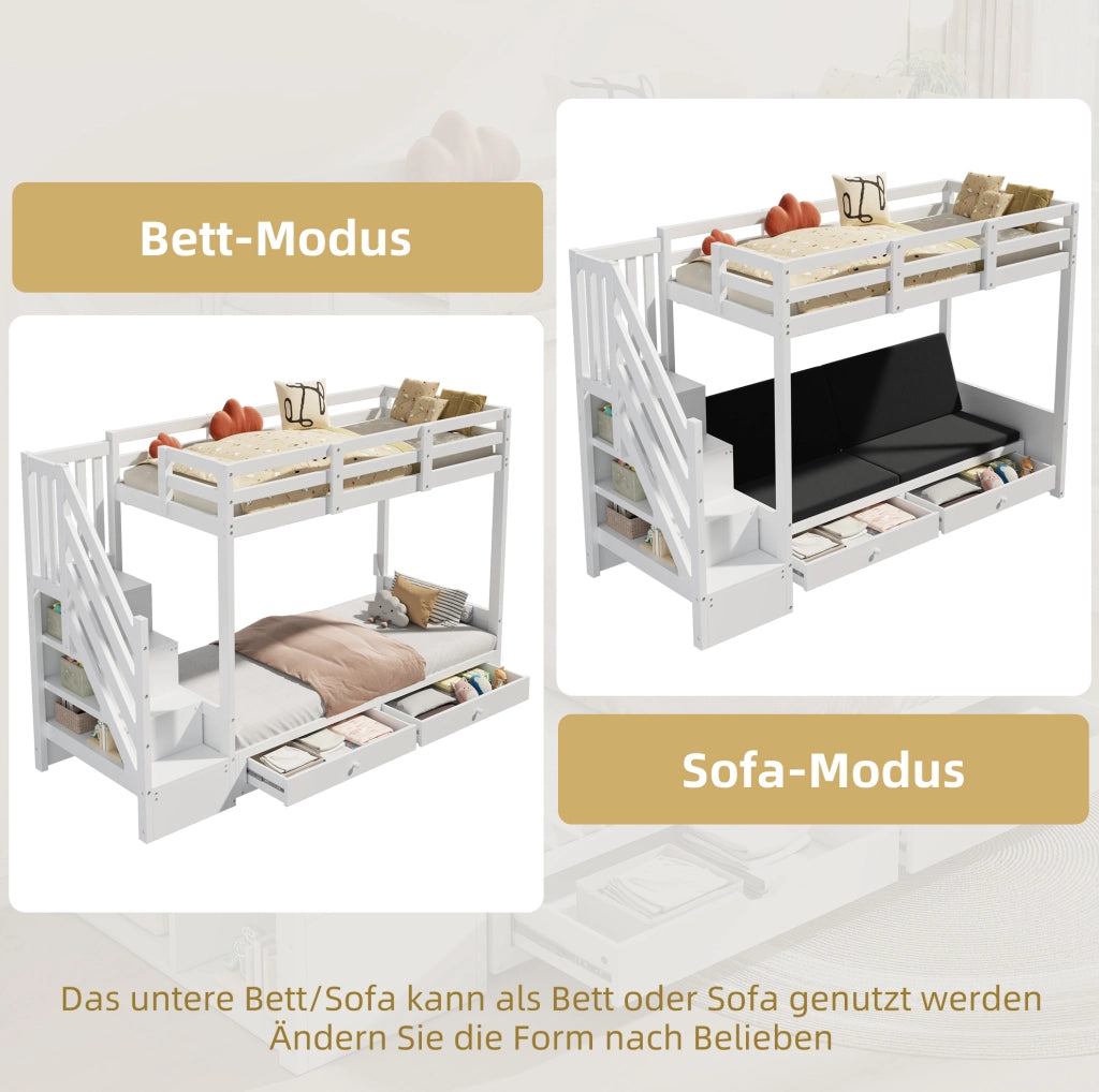 Letto a castello 90x200 cm con divano, scala contenitore e cassetti