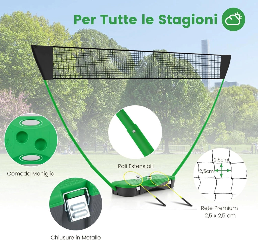 Set di Badminton con Rete, Racchette, 2 Volani e Scatola di Conservazione, Set di Badminton Portatile per 2 Giocatori da Esterno per Bambini, Ragazzi e Adulti
