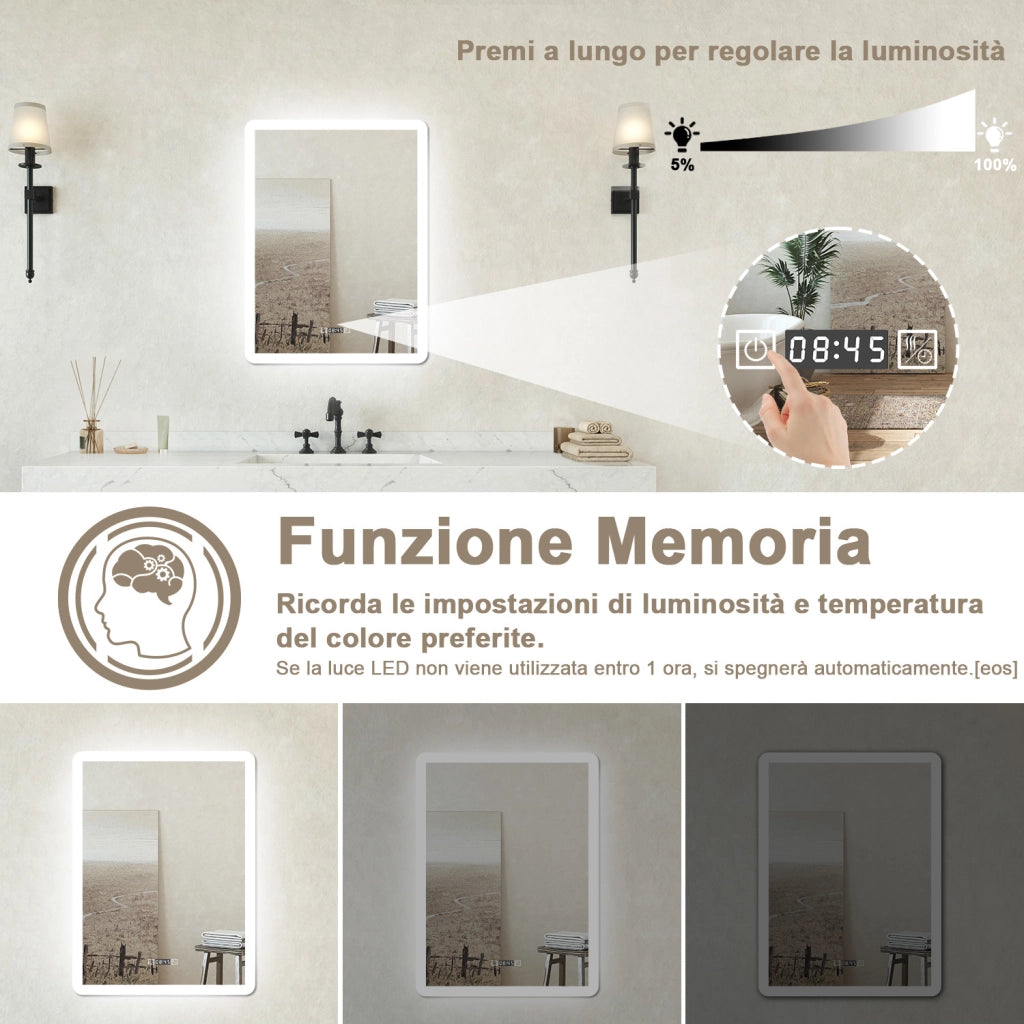 Specchio bagno Rettangolare 50x70cm Led Con 3 Luci + Orologio + Antiappannamento