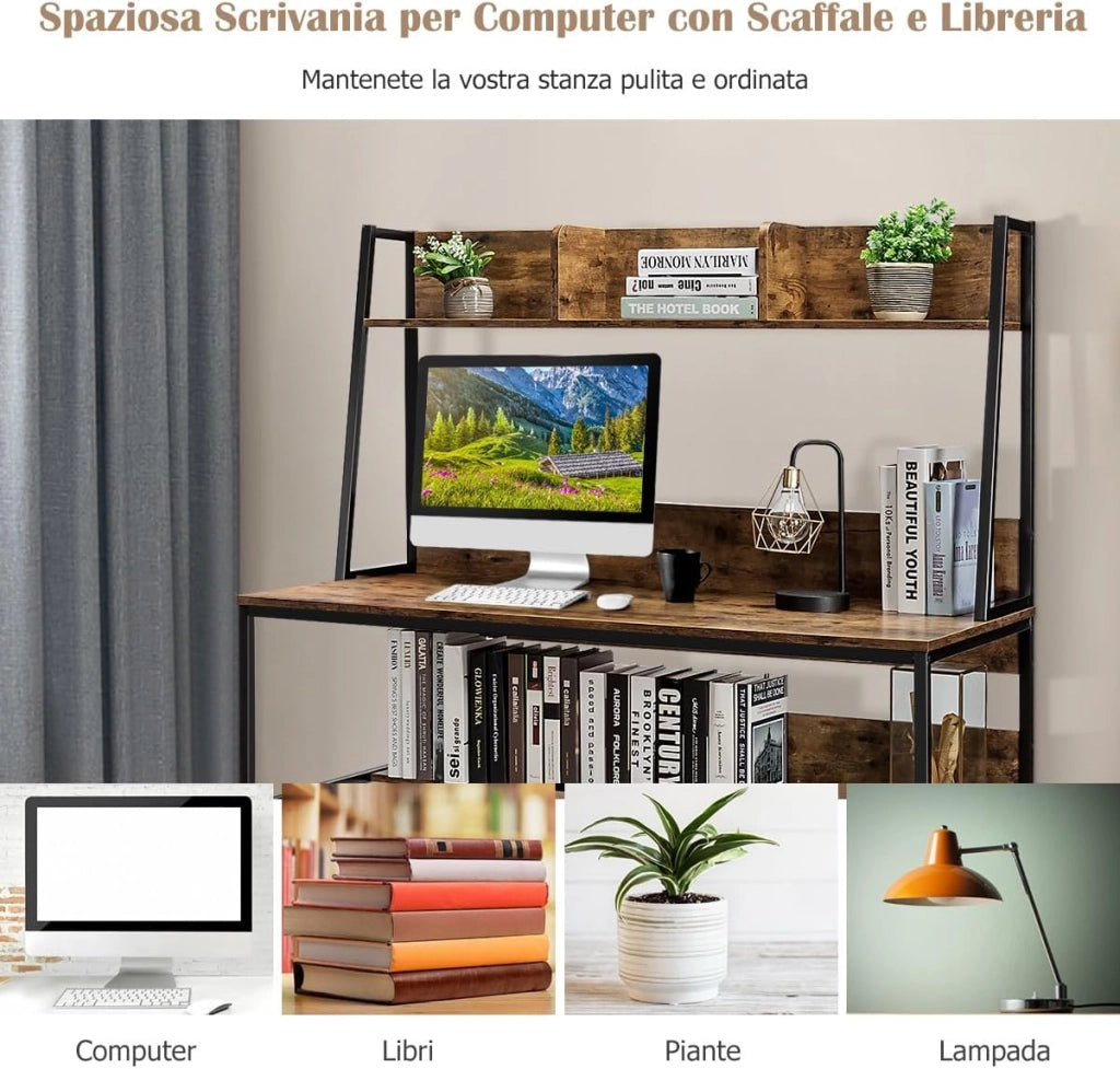 Scrivania con Libreria e Ripiano, Scrivania Salvaspazio per PC Portatile con 3 Scomparti e Ripiano Aperto, Ideale per Ufficio e Casa, 120 x 57 x 140 cm (Marrone)