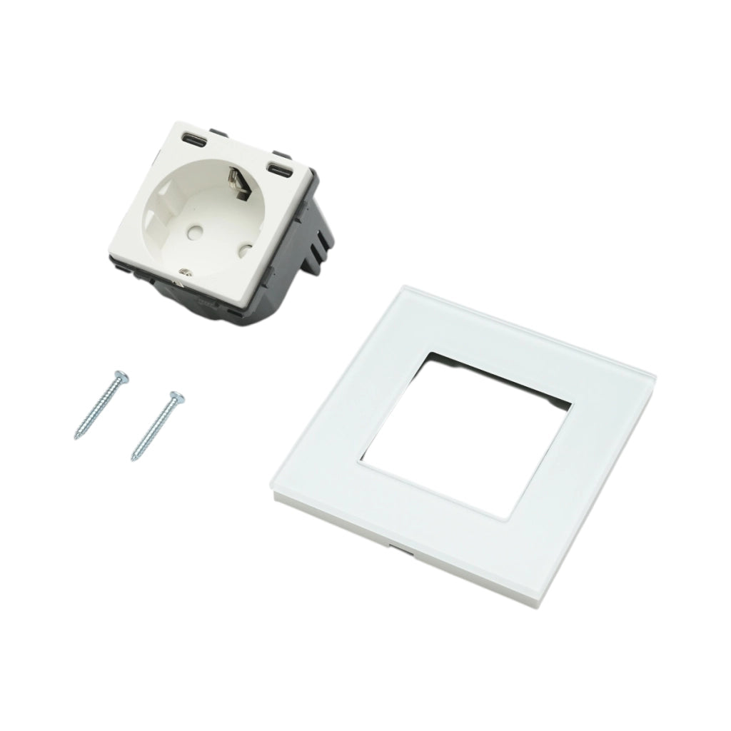 Presa Schuko da incasso bianca 220V, 16A, 2xUSB-C 20W ricarica rapida, cornice in vetro 86x86x34mm