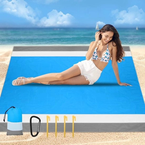 Matrice Opvougbile per Spiaggia 210 x 200 cm - Impermeabile e Sfregiabile - 4 Steli - Matrice per Spiaggia a Strisce Grigie e Bianche e Blu con Schienale
