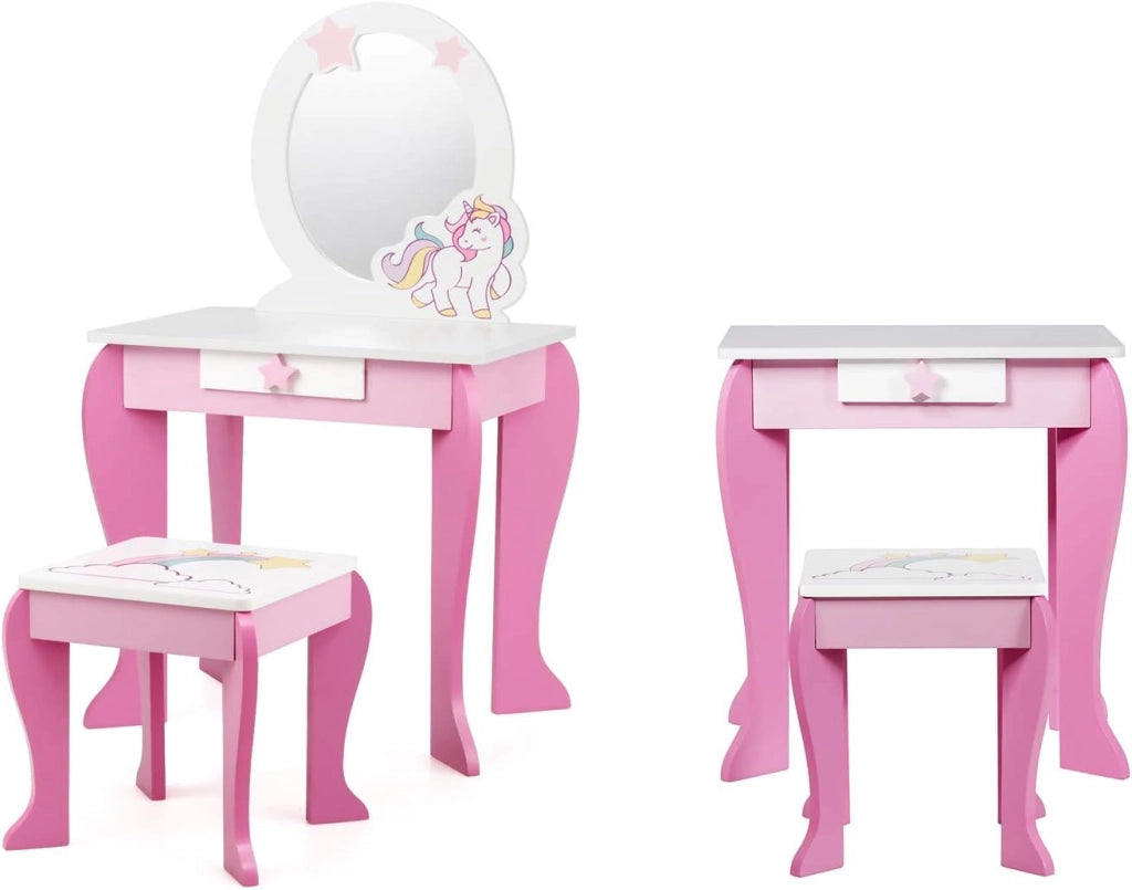 Set di Specchiera e Sgabello per Bambini, Tavolo da Trucco Giocattolo in Legno con Cassetto, Ideale Regalo per Ragazze di 3-7 Anni, con Portata di 15kg, 49x35,5x89cm (Rosa)