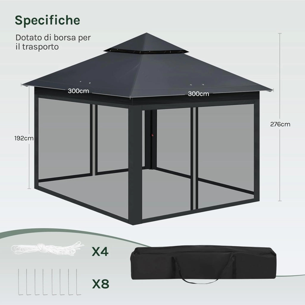 Gazebo da Giardino per Esterni, Gazebo 3x3 Pieghevole Impermeabile, con Zanzariera Rimovibile, Doppio Tetto, Borsa per Trasporto, Resistente ai Raggi UV, Antracite