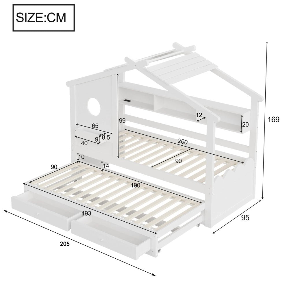 Letto Bambini a Casetta con Letto Estraibile ¨C Xylo ¨C Bianco, LED, USB, Cassetti, 90x200