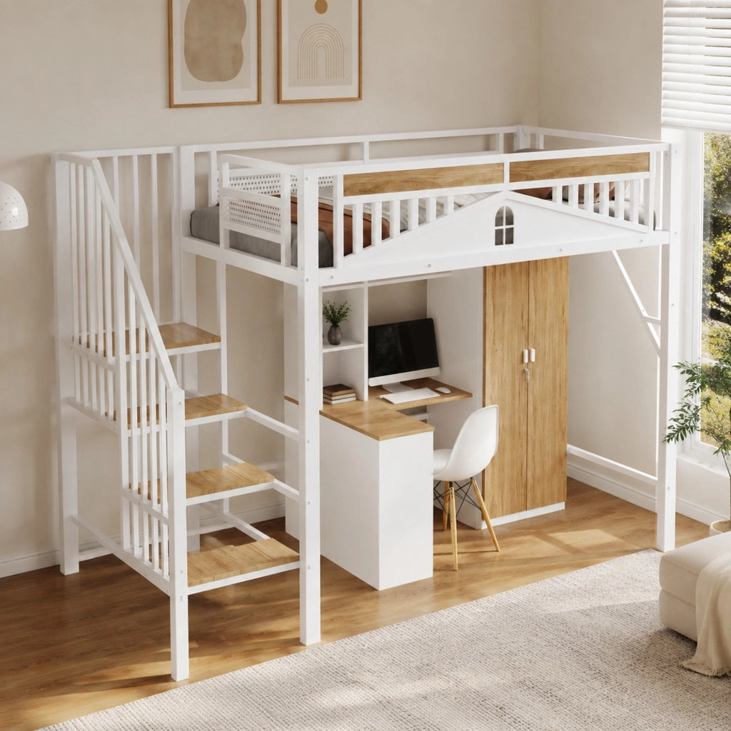 Letto a soppalco 90x200 cm in metallo e legno; con scala laterale; bianco