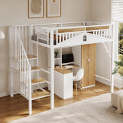 Letto a soppalco 90x200 cm in metallo e legno; con scala laterale; bianco