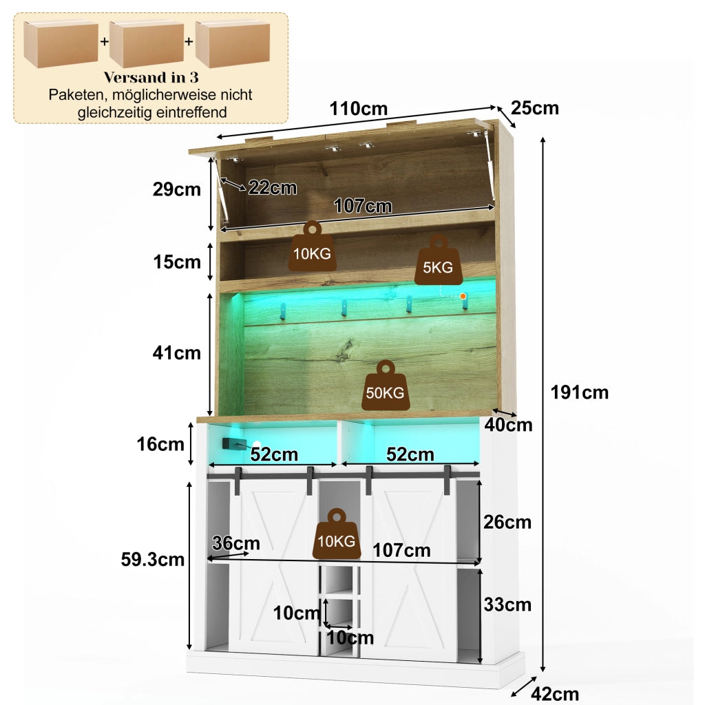 Colonna da cucina con LED RGB vetrina ripiani aperti ganci e portabottiglie in MDF bianco naturale 110 × 40 × 191 cm