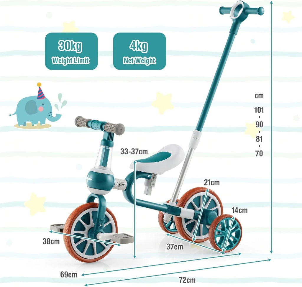 4 in 1 Triciclo Evolutivo per Bambini, Bicicletta Bambini con Manico a Spinta Regolabile in 4 Posizioni, Sellino in 2 Posizioni, Pedali Rimovibili, per Bambini e Bambine da 1 Anno + (Verde)