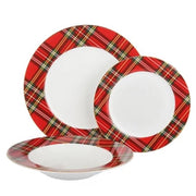 Trade Shop - Set Servizio Di 18 Pz Piatti Con Motivo A Bordo Tartan In Porcellana Da Tavola Natalizio -