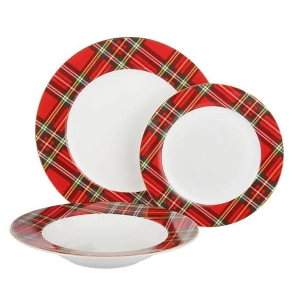 Trade Shop - Set Servizio Di 18 Pz Piatti Con Motivo A Bordo Tartan In Porcellana Da Tavola Natalizio -