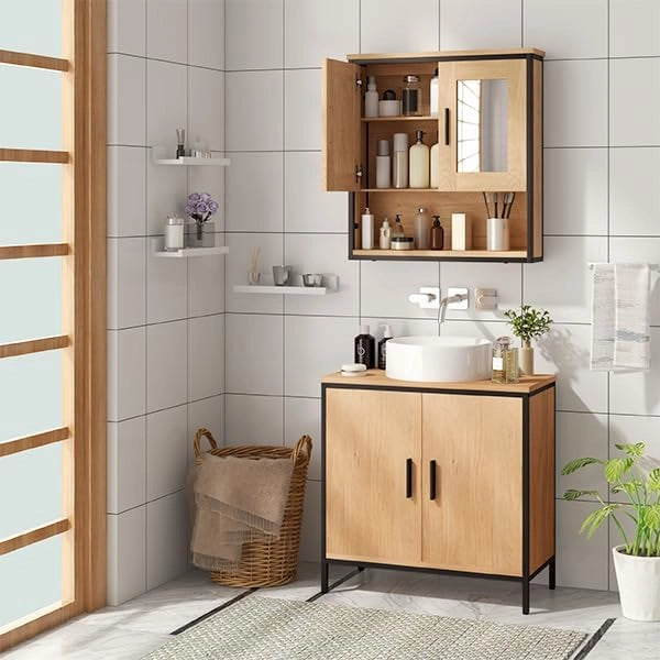 Mobiletto per Bagno Salvaspazio, Pensile da Bagno Sospeso con Mensola e Specchio, Ripiano Regolabile, 2 Ante con Maniglia, Rovere Chiaro+Nero