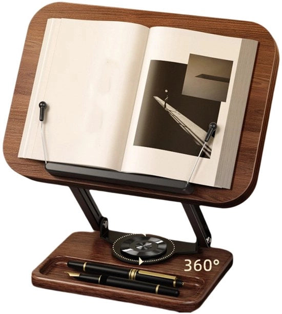 Libreria per libri flessabili con rotazione 360°, lettino per lettura regolabile in altezza con pagine tenute da clip estensibili e piccolo ripostiglio