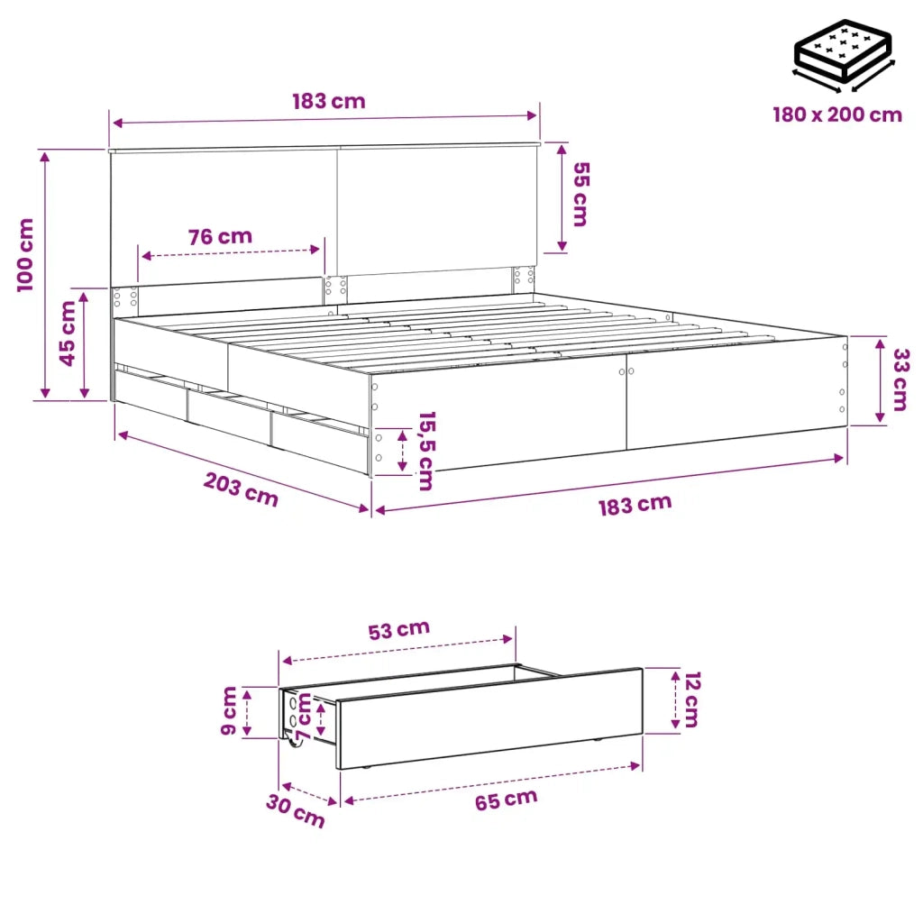 Bed Frame with Storage and Headboard Artisan Oak 180 x 200 cm 3445836