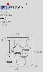 SOSP. OTTONE SATINATO 7 LUCI RETTANGOLARE VETRI (4 X PICCOLO + 3 X GRANDE) TUTTI ZAFFIRO 1191OS-S7 RMIX-ZA