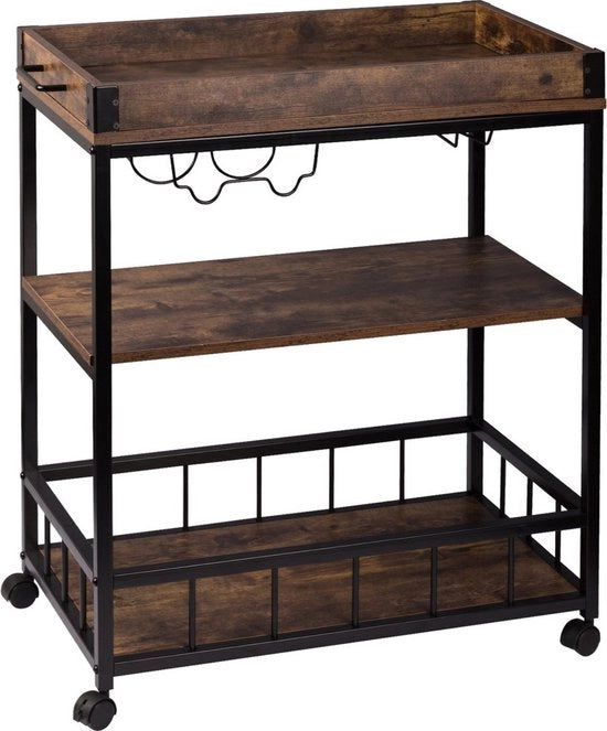 Trolley da cucina su ruote - con cassetto aperto - compatto e pratico - costruzione in MDF robusta - marrone - 70x40x85 cm