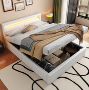Letto imbottito 140x200 cm con LED; contenitore; rete a doghe e rivestimento in PU bianco