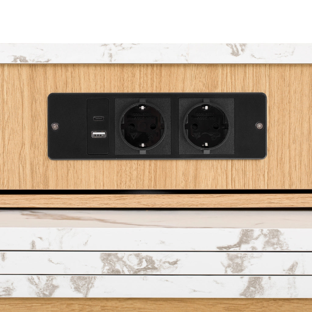 Tavolo allungabile multifunzionale con LED, ripiani e cassetti per cucina e zona pranzo, colore naturale 58 × 154 × 94 cm