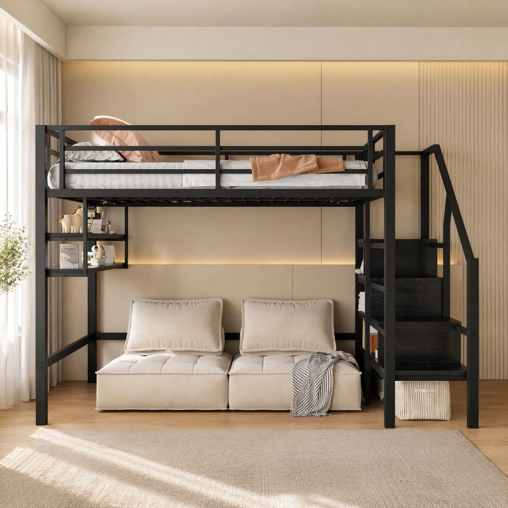 Letto a soppalco 140x200 cm con ripiani, scala contenitore e ringhiera di sicurezza
