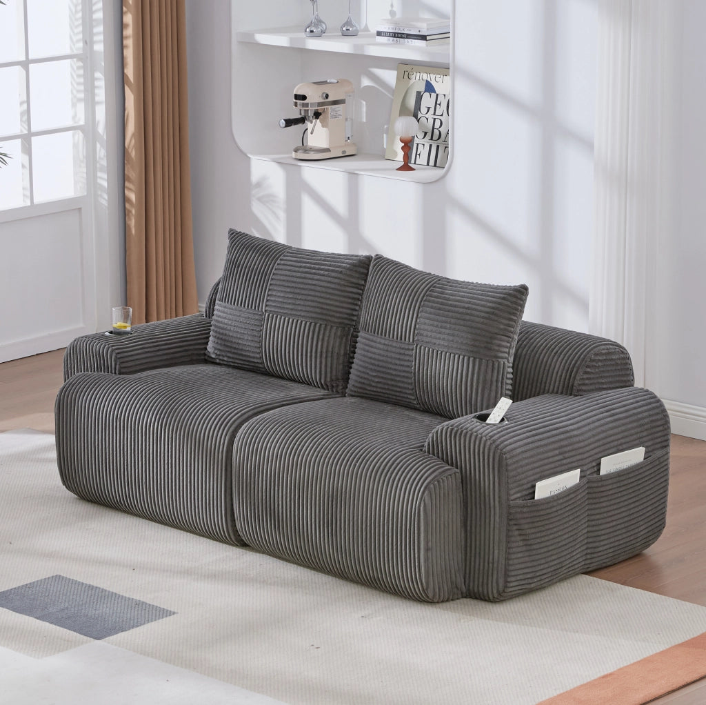 Divano modulare a 2 posti in corduroy grigio scuro; 200x99x80 cm con portabicchiere e tasca laterale