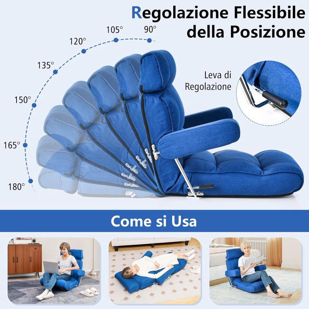 Sedia Divano Pieghevole, Poltrona Letto Singolo con Schienale Regolabile, Poggiatesta Lombare e Poggiapiedi Regolabile a 6 Posizioni, 80 x 72 x 75 cm (Blu)