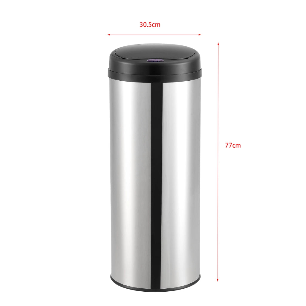 Pattumiera Automatica 47 L, Bidone Cilindrico in Acciaio Inox (AxØ) 77 x 30,5 cm Coperchio con Sensore di Movimento e