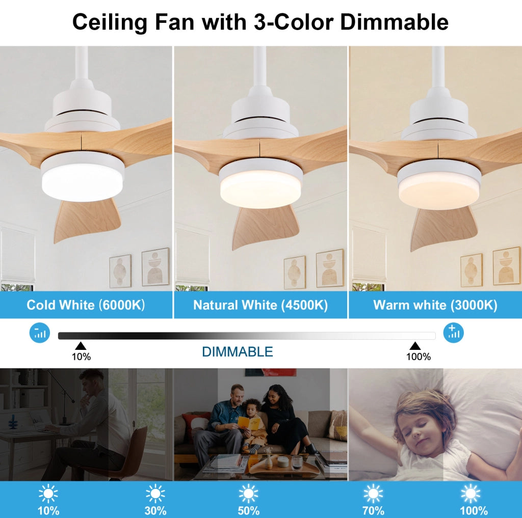 Ventilatore da soffitto 42 pollici con luce LED; 3 pale in ABS bianco e naturale; telecomando
