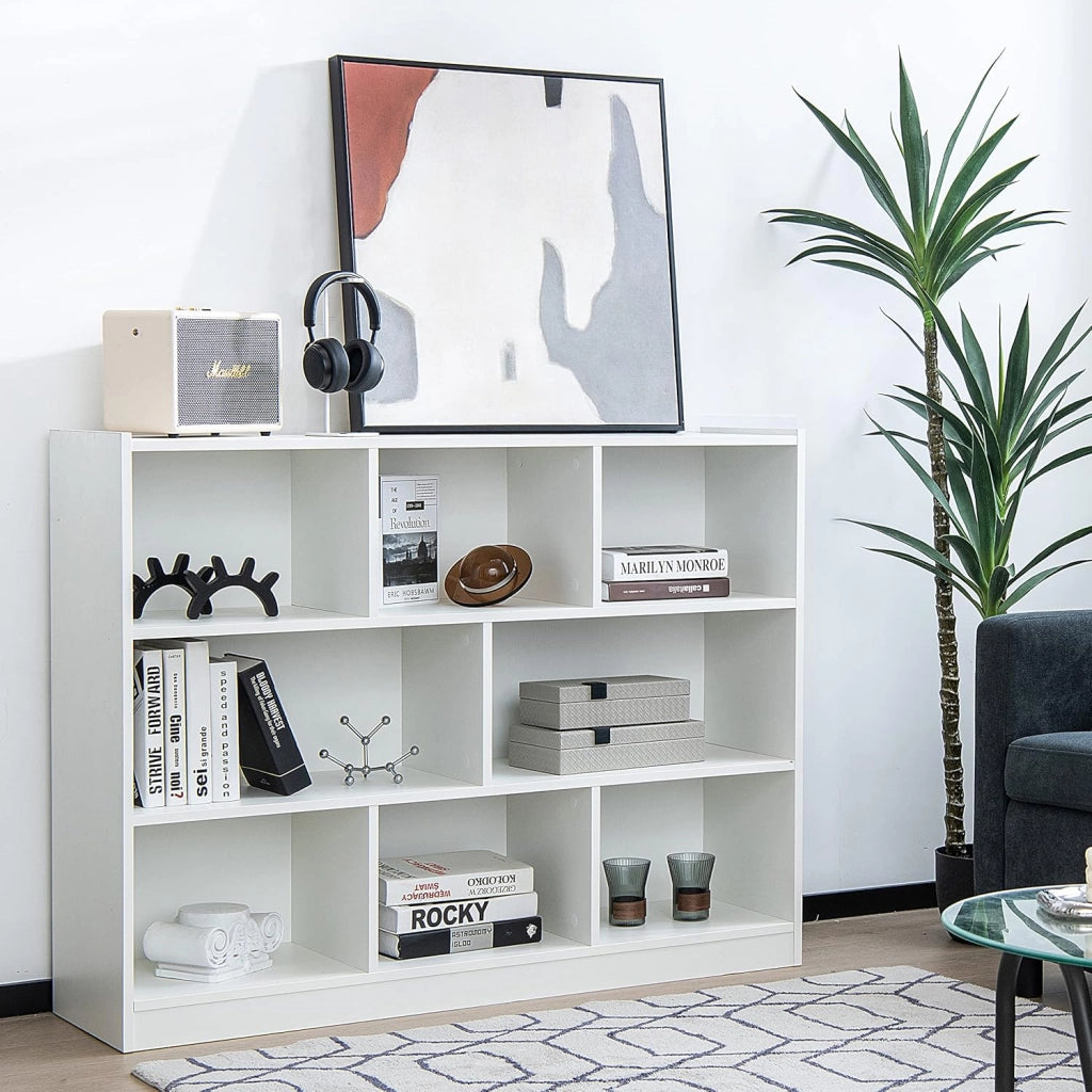 Libreria Scaffale da Terra con 8 Cubi, Libreria Multifunzione in Legno con Anti-ribaltamento, Salvaspazio per Cameretta, Soggiorno e Studio, Portata 220 kg, 122 x 32 x 93 cm (Bianco)