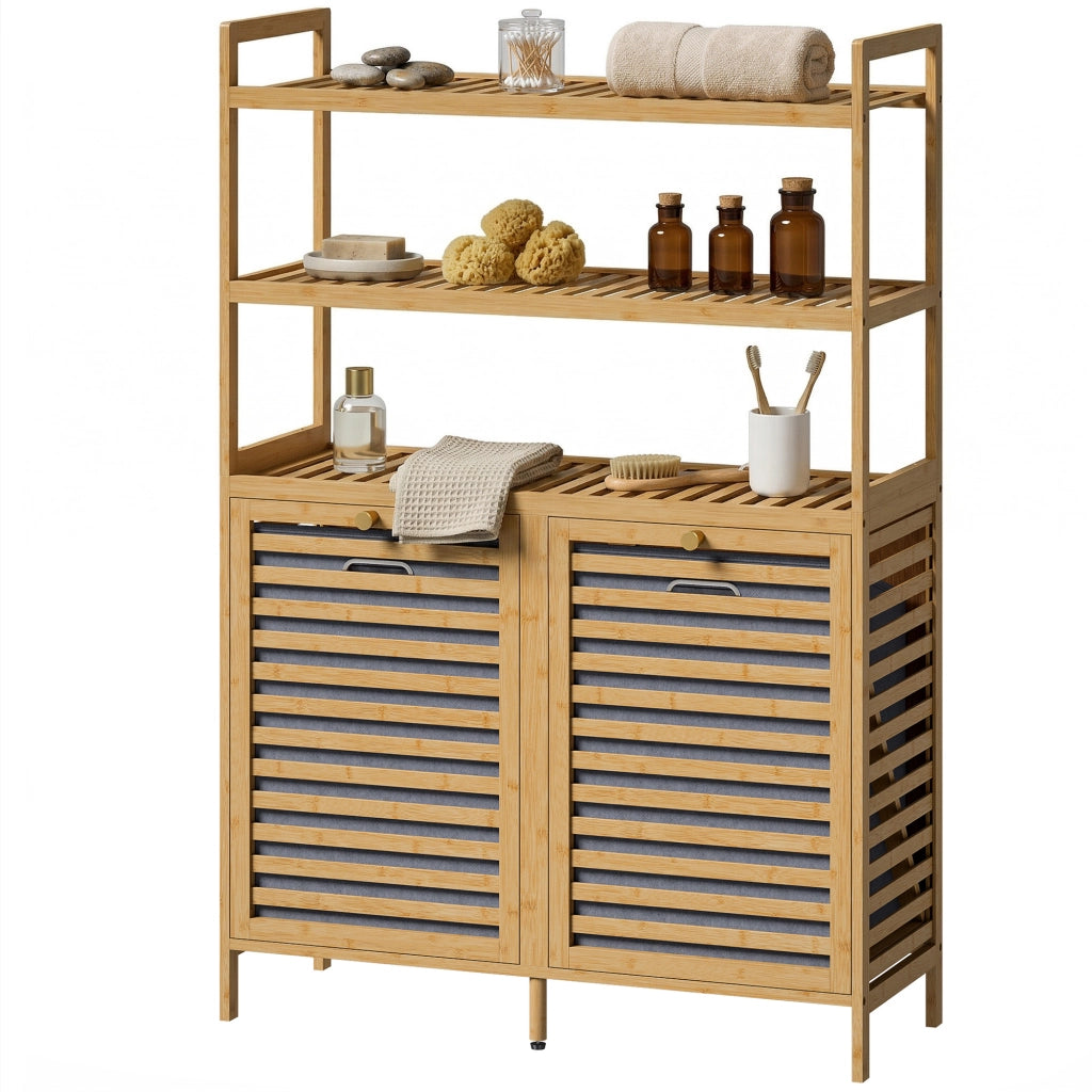 Mobile Porta Biancheria Doppio Inclinabile. Bamb¨´. 2 Cesti. 3 Ripiani. Colore Rovere