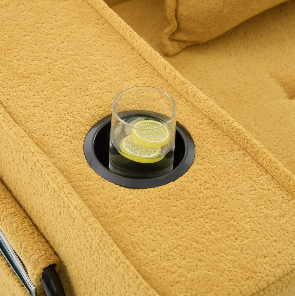 Divano due posti modulare in ciniglia giallo senape con tasche laterali e due cuscini per il relax
