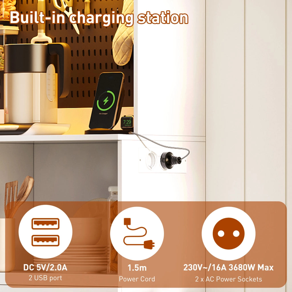 Credenza da cucina con LED RGB, prese e 5 cassetti, ripiani regolabili, per cucina, bianco, 185 × 145 × 40 cm