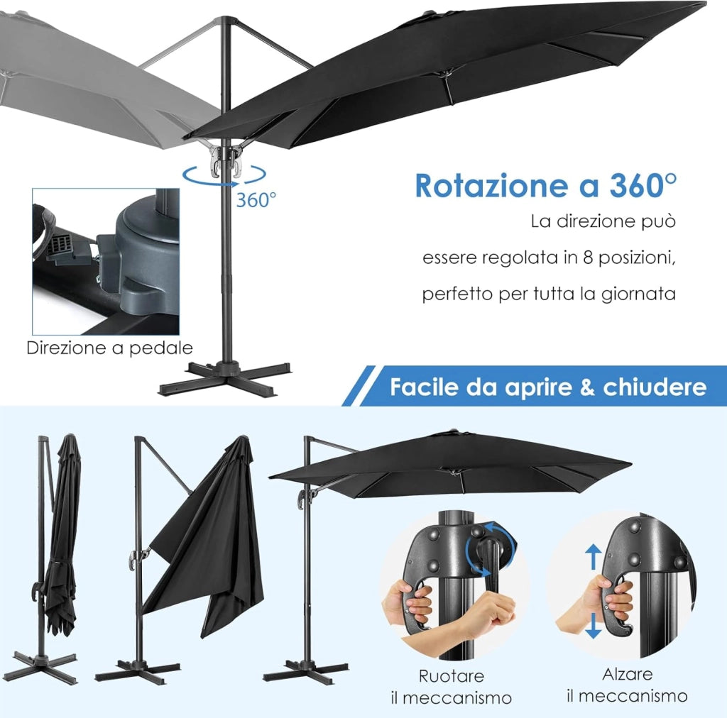 Ombrellone da Giardino 3 x 3 m, Ombrellone Pieghevole da Esterno con 3 Inclinazioni, Rotazione a 360°, Manovella, 8 Stecche, Base Incrociata, Angolo Regolabile, per Giardino, Balcone (Nero)
