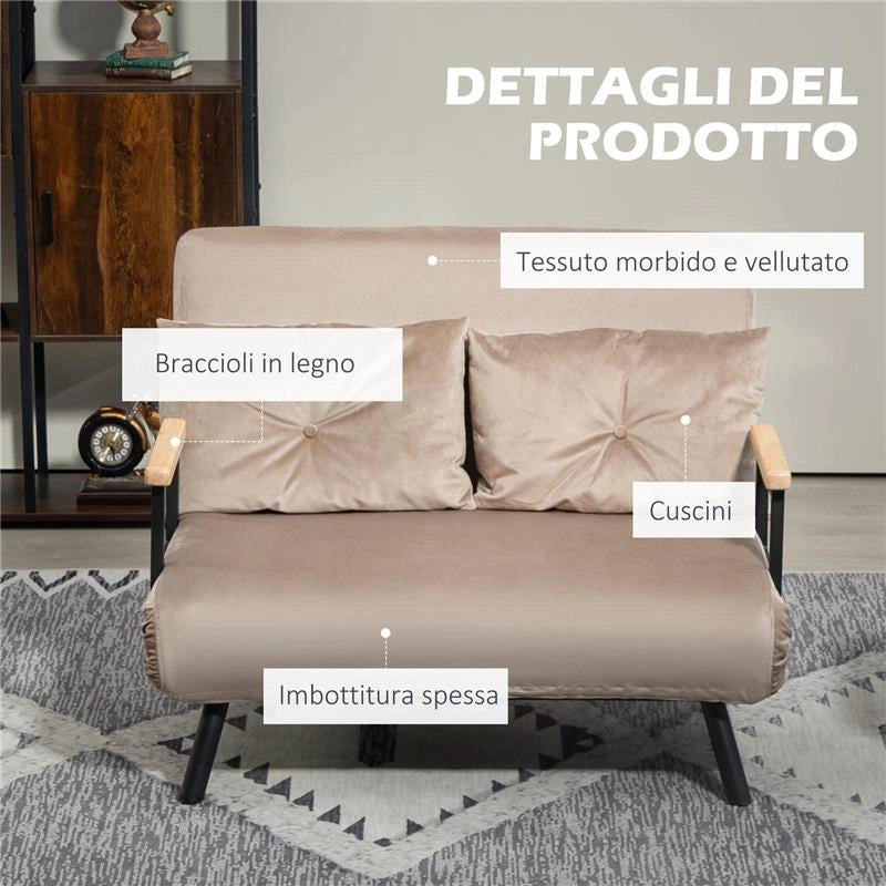 DIVANO LETTO 3 IN 1 IN TESSUTO EFFETTO VELLUTO CON SCHIENALE REGOLABILE E 2 CUSCINI 102X73X81 CM MARRONE CHIARO